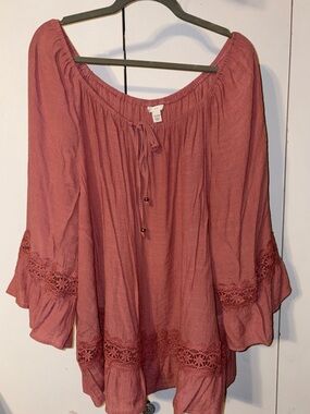Cato Dusty Rose Peasant Blouse with Lace Trim
